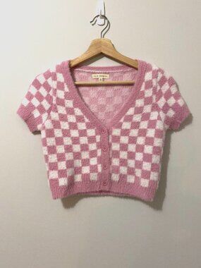 PacSun Fluffy Checkered Pink Short Sleeved Cropped Cardigan Textured LA Hearts